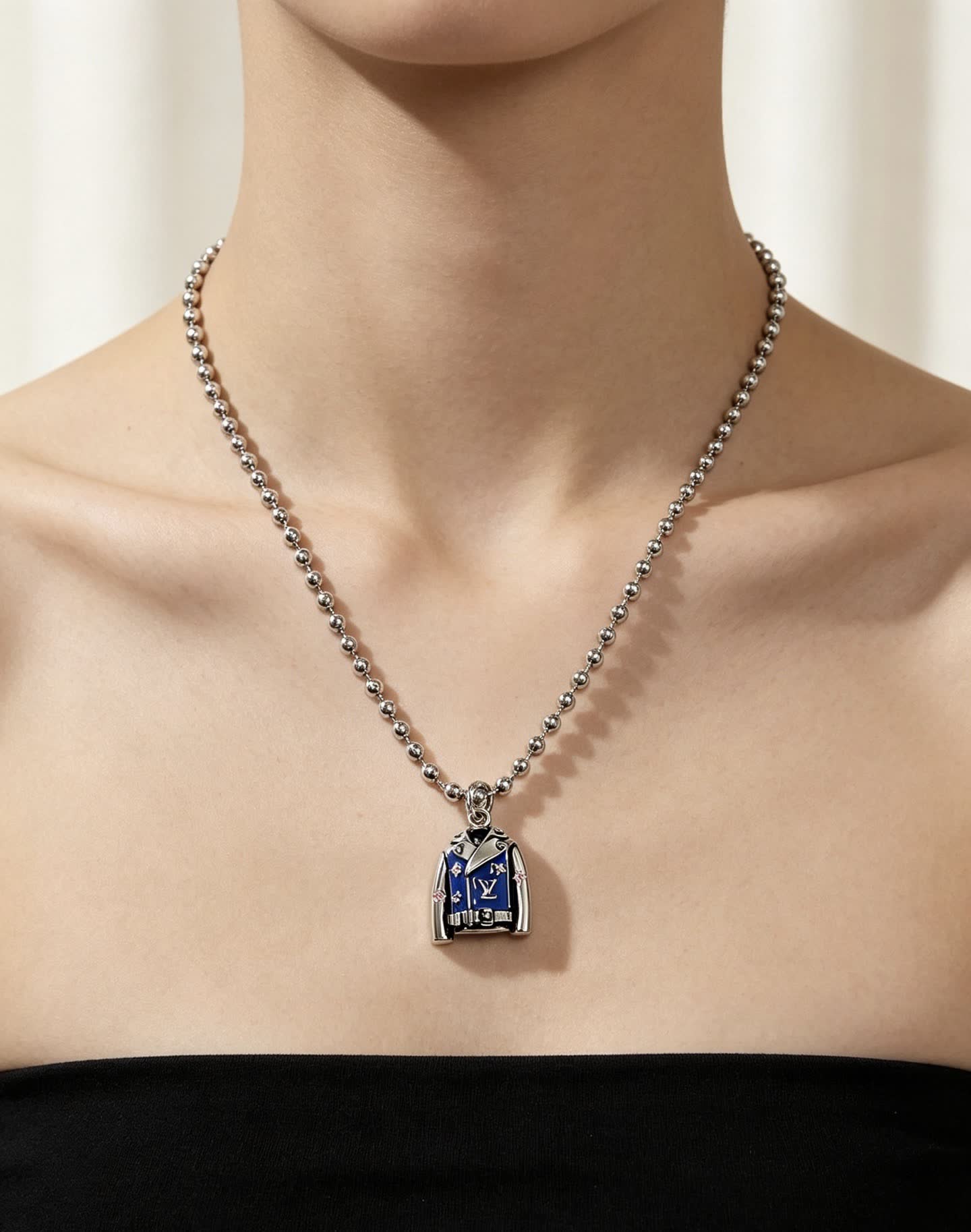 Louis Vuitton Silver Beaded Necklace with Blue Enamel Charm
